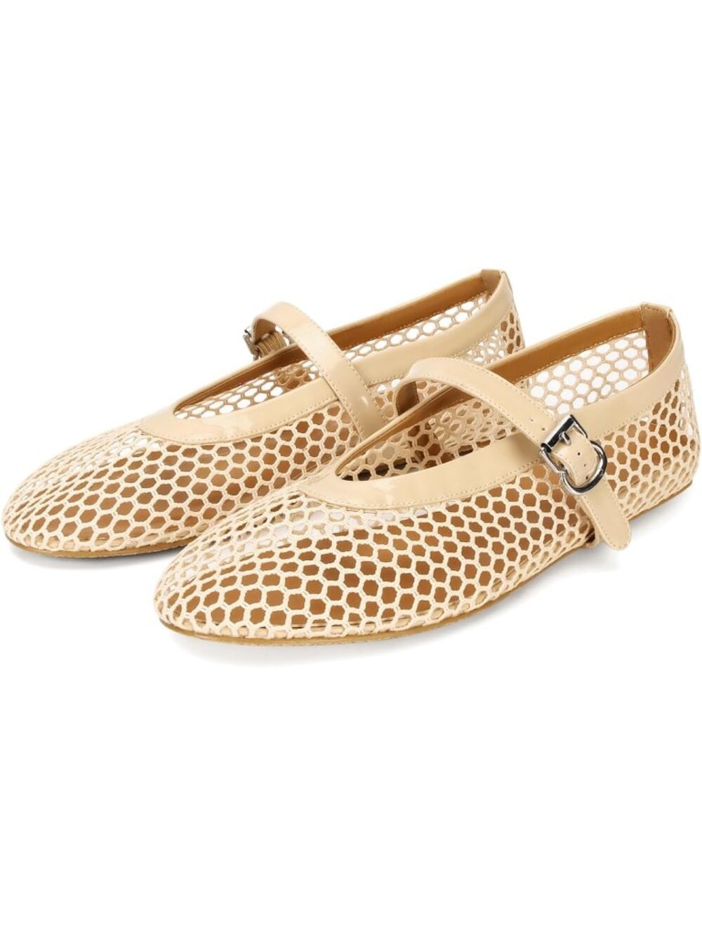 Women's Nude Rubber Sole Casual Buckle Strap Comfy Fishnet Ballerina Flat Shoes
